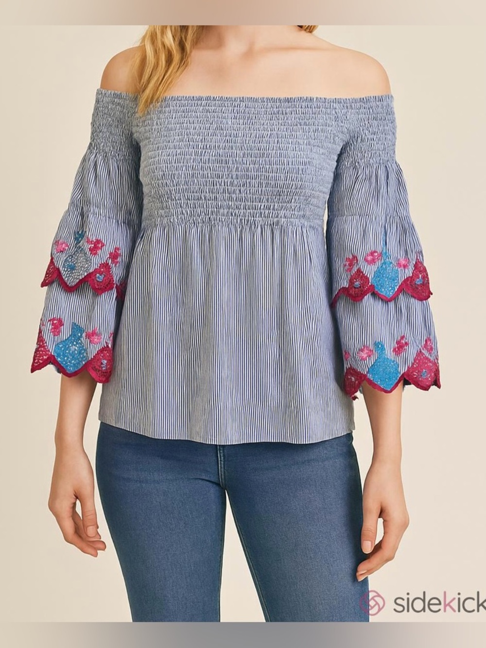 Loft Blue White Pinstripe XS Boho Chic Preppy Romantic Coastal Embroidered Top